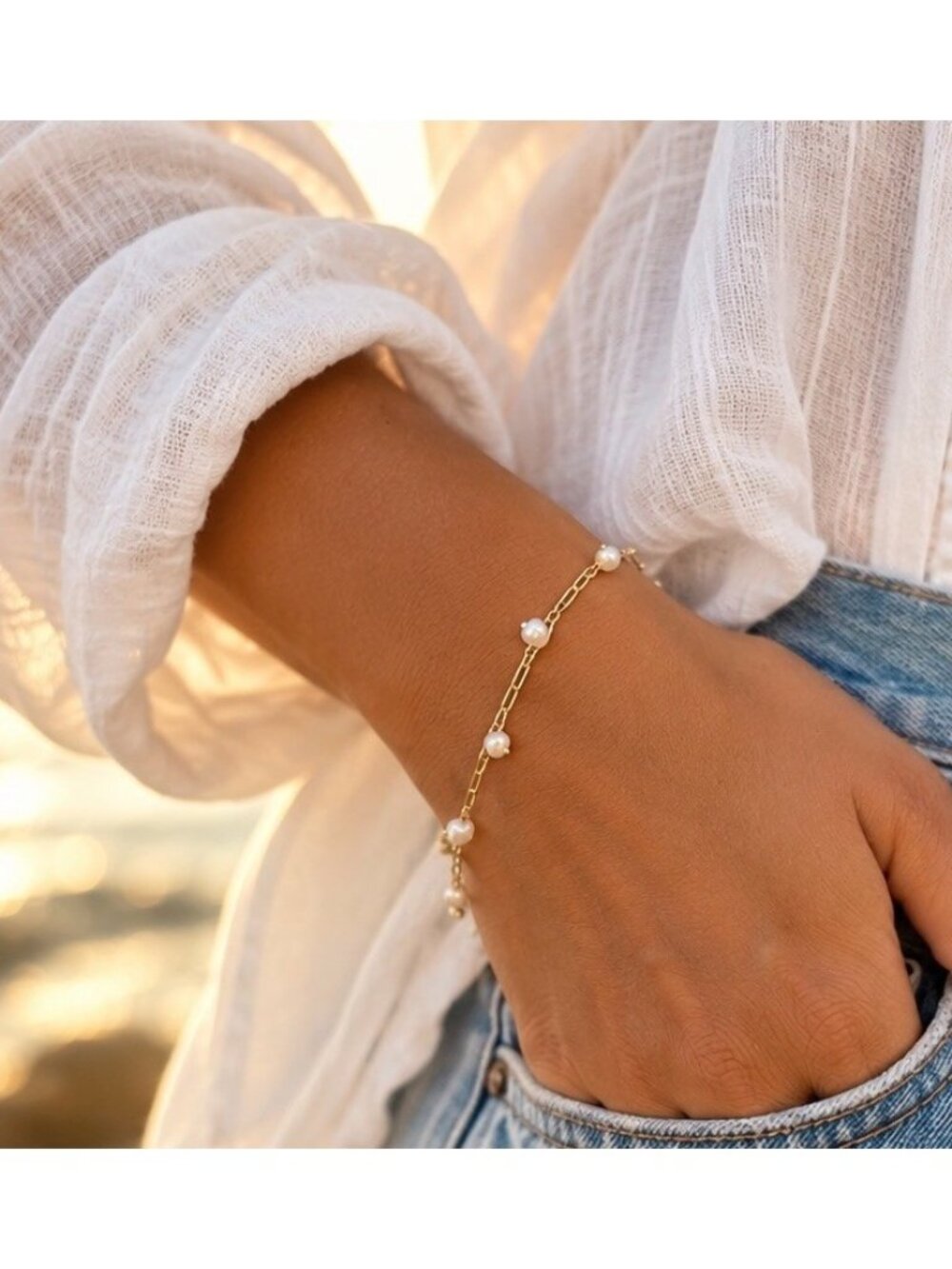 Dainty Gold Tone Paperclip Chain Freshwater Pearl Charm Bracelet Adjustable
